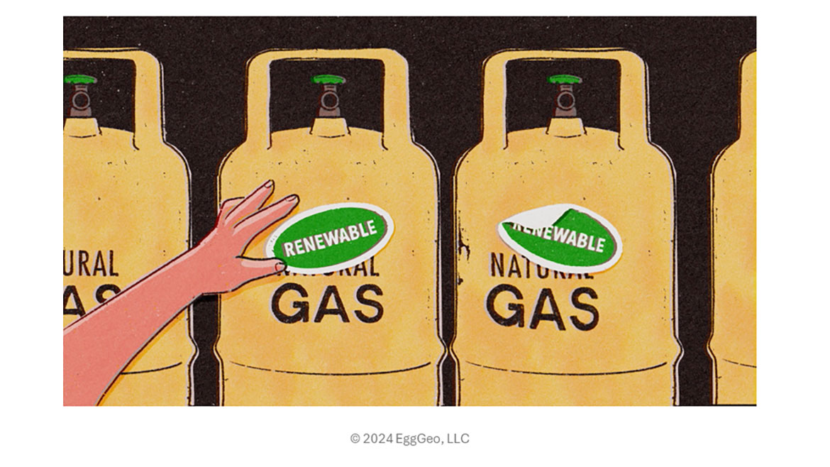 Drawing of a hand placing "RENEWABLE" stickers on Natural Gas tanks.