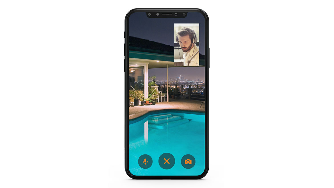 Representation of a virtual inspection on an iPhone with an image of a pool and inset image of an inspector on the upper righthand corner.