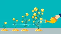 Vector of a businessman's hand holding a pot watering profitable money tree.