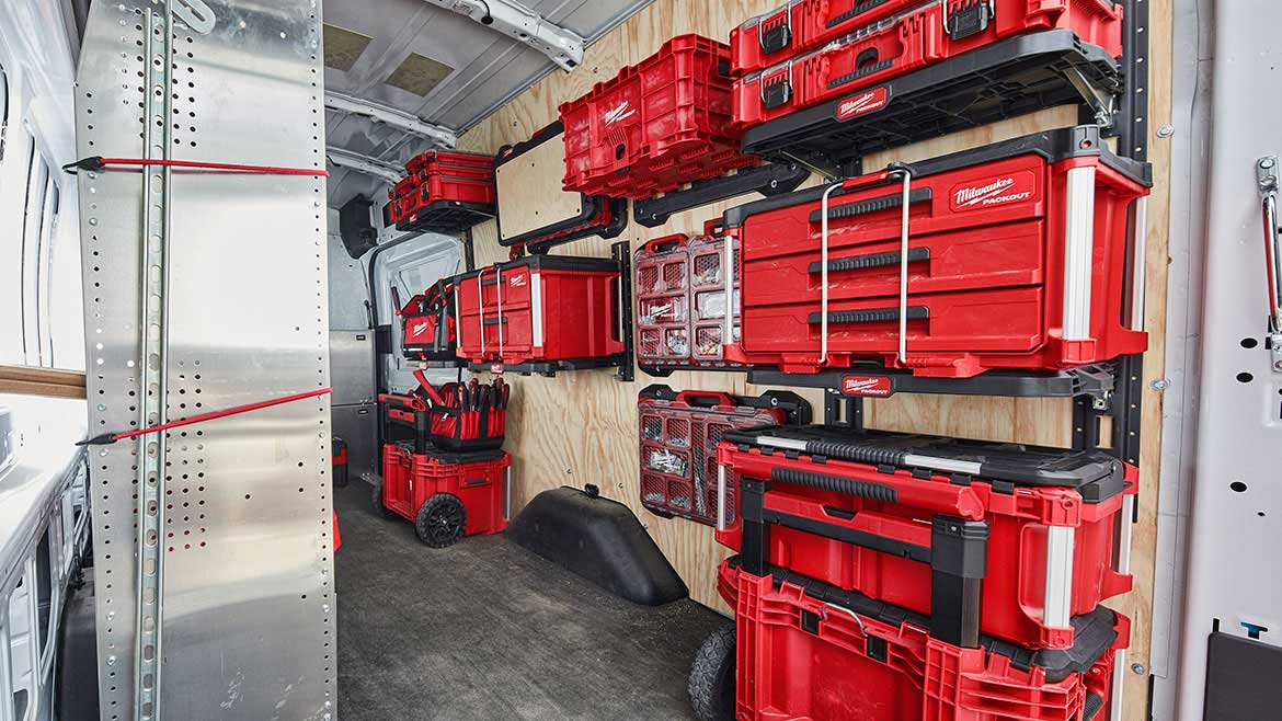 Milwaukee Tool's Racking Kit provides versatile mounting capability to multiple surfaces including vans, trucks, trailers, and shops.