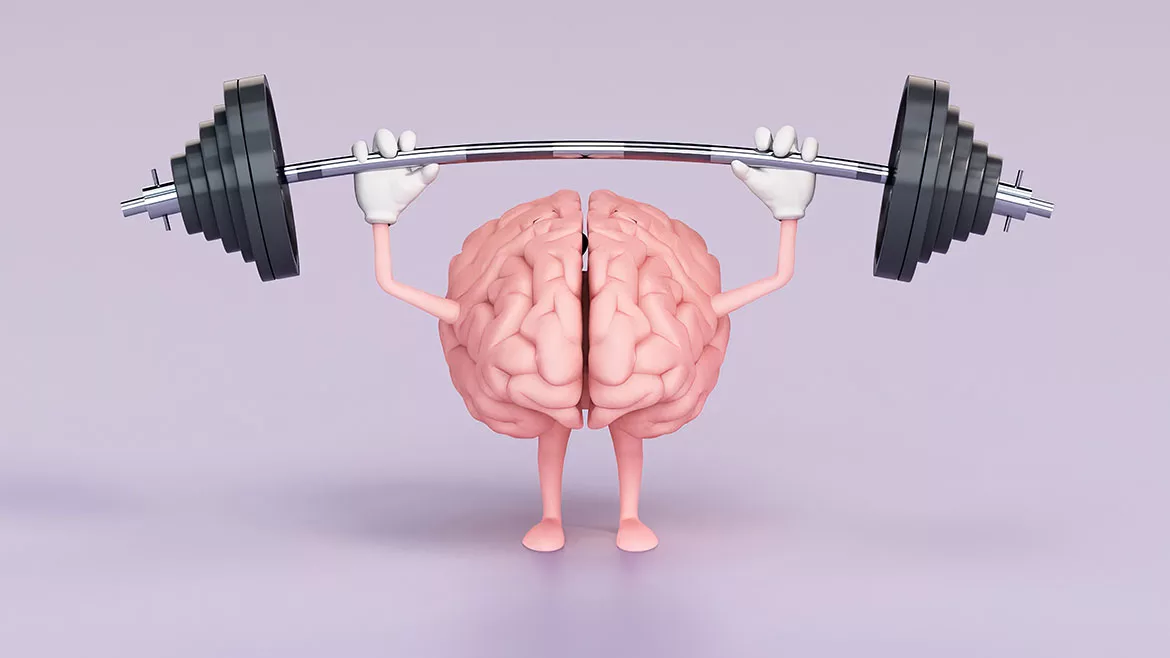 Cartoon Brain Lifting Weights on a Purple Background