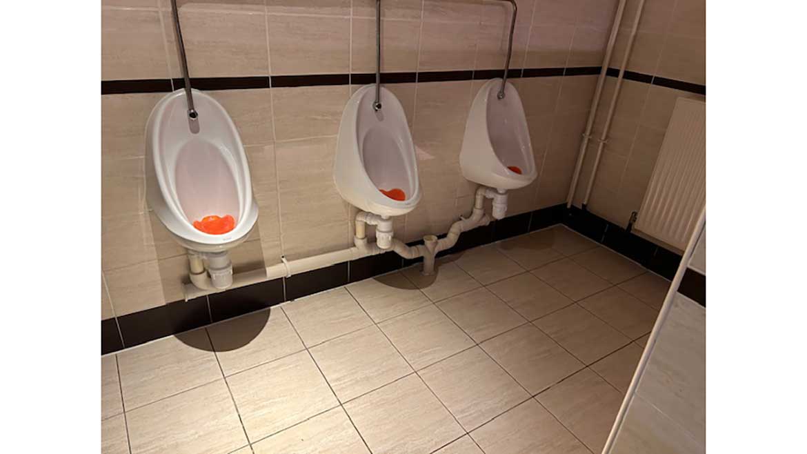 Row of urinals in a public bathroom.