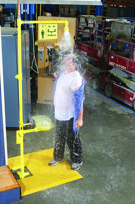 Male worker using a drench shower