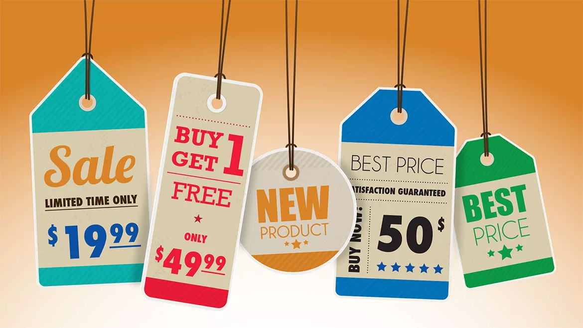 Colourful sale labels with an orange to neutral gradient background.