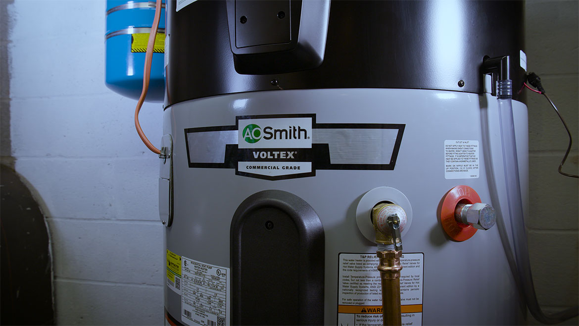 Close-up image of an A. O. Smith heat pump water heater (HPWH)