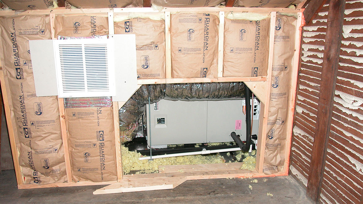 Split system with the geothermal unit in a basement crawl space.