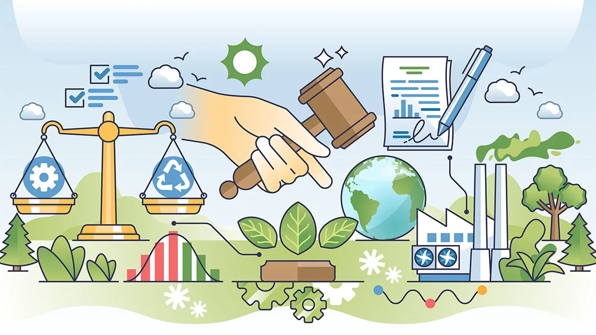 Illustration of environmental policy and ecological conservation with hand holding a gavel, balanced scale, globe, paper and pen and factory with greenery as a background.