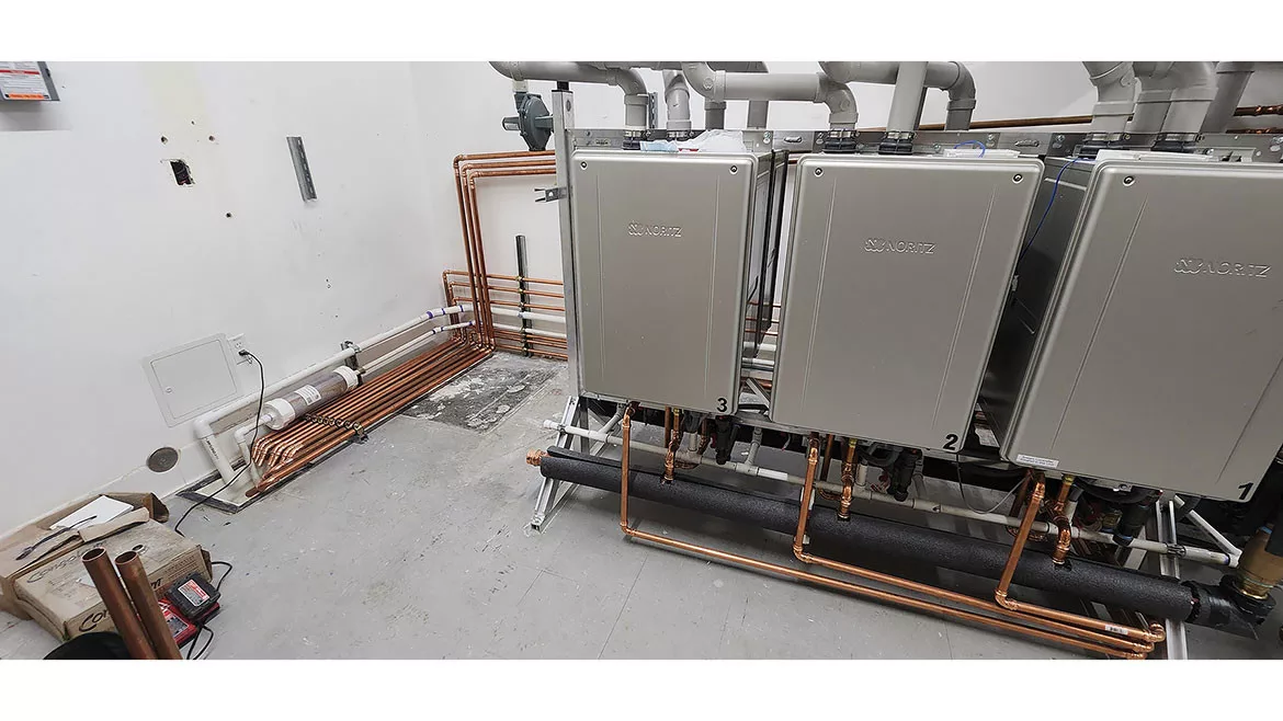 Six tankless water heaters that feed the nutraceutical manufacturer’s operations.