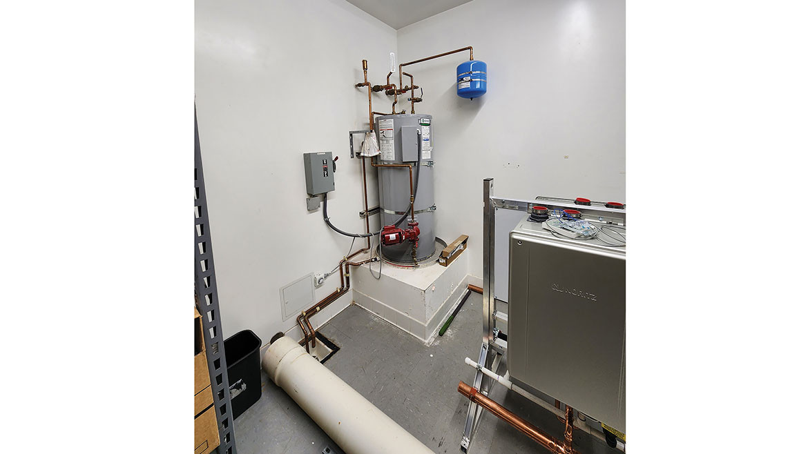An 80-gallon commercial electric water heater.