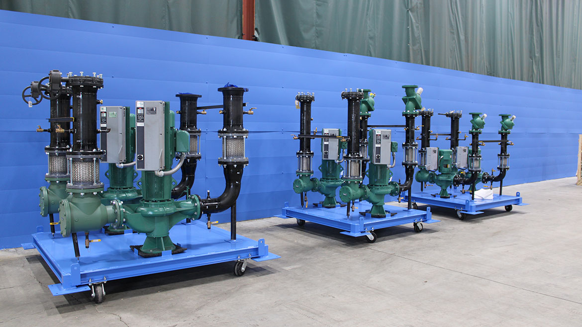 Prefabricated pump skids prepped for delivery and installation.