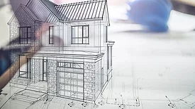 Hologram of drawing of a house project over blueprints