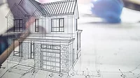 Hologram of drawing of a house project over blueprints