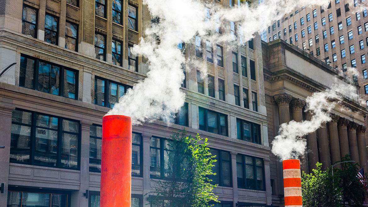 Steam pipes system on street in Manhattan in New York City.