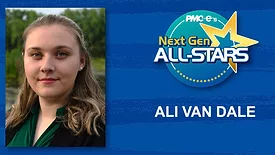 Ali Van Dale headshot, name, Next Gen ALL-STARS badge on a blue scratch design background.