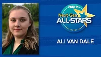 2025 Next Gen All-Star: Ali Van Dale Ali Van Dale headshot, name, Next Gen ALL-STARS badge on a blue scratch design background.