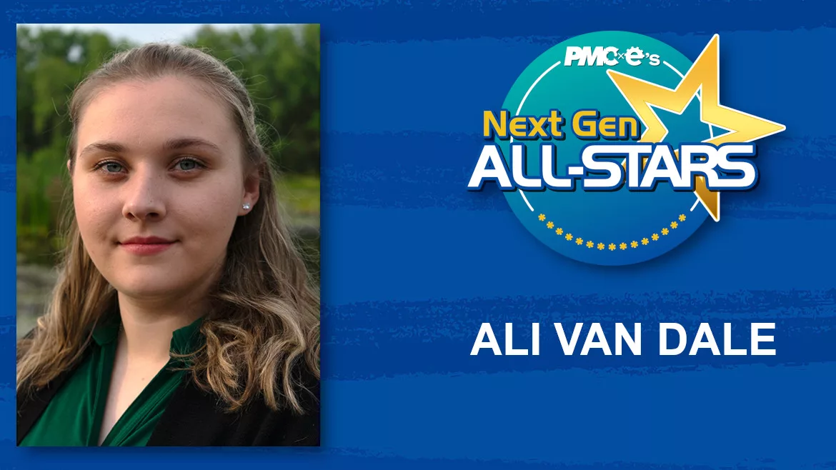 Ali Van Dale headshot, name, Next Gen ALL-STARS badge on a blue scratch design background.