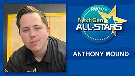 Anthony Mound headshot, name, Next Gen ALL-STARS badge on a blue scratch design background.