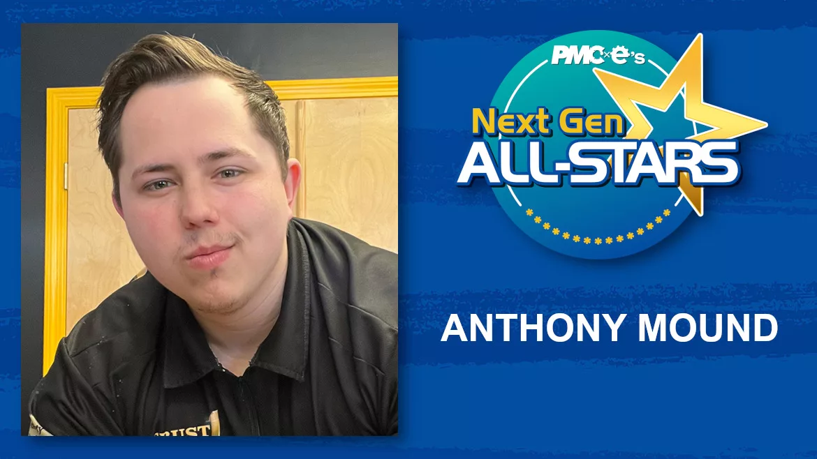 Anthony Mound headshot, name, Next Gen ALL-STARS badge on a blue scratch design background.