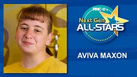 Aviva Maxon headshot, name, Next Gen ALL-STARS badge on a blue scratch design background.