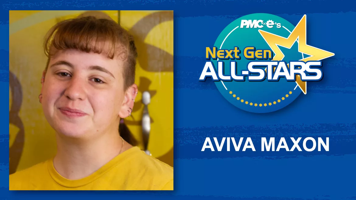 Aviva Maxon headshot, name, Next Gen ALL-STARS badge on a blue scratch design background.