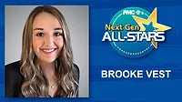 2025 Next Gen All-Star: Brooke Vest Brooke Vest headshot, name, Next Gen ALL-STARS badge on a blue scratch design background.