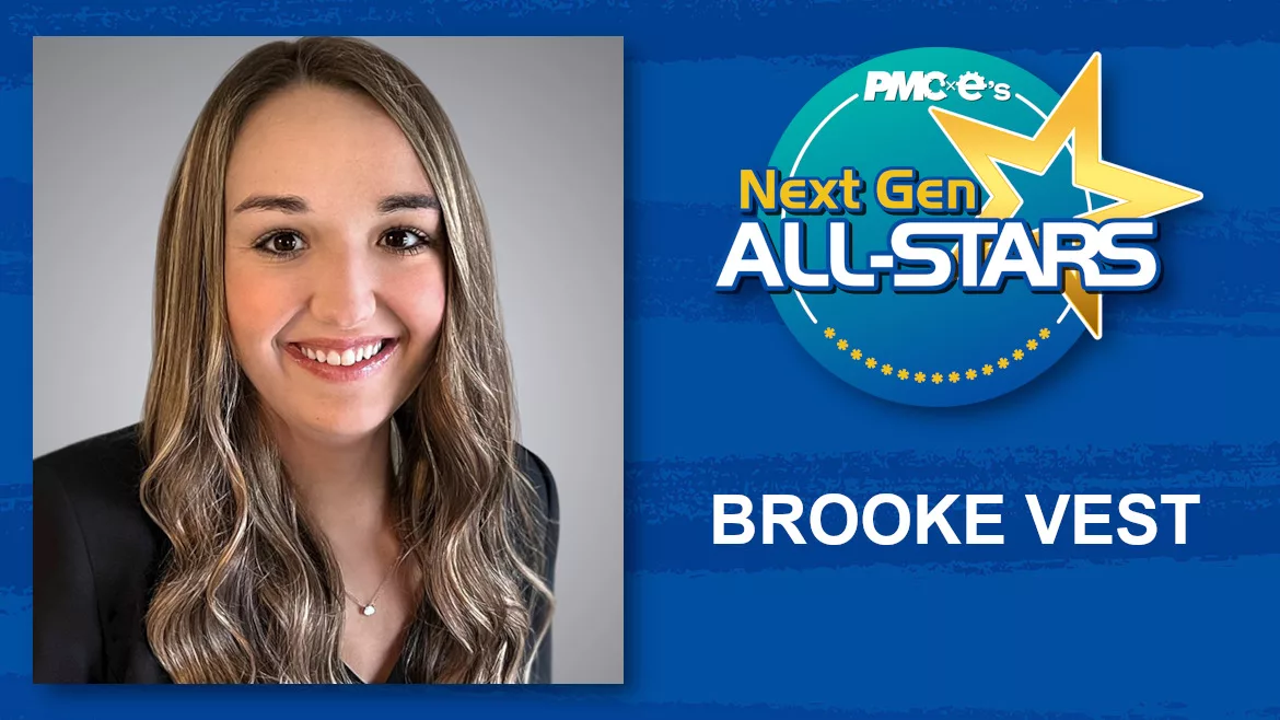 Brooke Vest headshot, name, Next Gen ALL-STARS badge on a blue scratch design background.