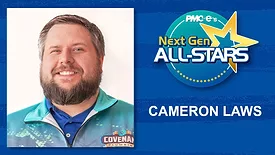Cameron Laws headshot, name, Next Gen ALL-STARS badge on a blue scatch design background.
