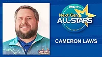 Cameron Laws headshot, name, Next Gen ALL-STARS badge on a blue scatch design background.