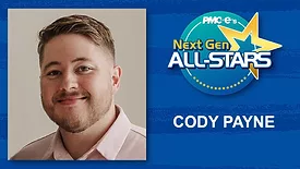 Cody Payne headshot, name, Next Gen ALL-STARS badge on a blue scratch design background.