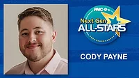 Cody Payne headshot, name, Next Gen ALL-STARS badge on a blue scratch design background.