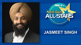 Jasmeet Singh headshot, name, Next Gen ALL-STARS badge on a blue scratch design background.