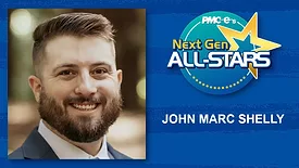 John Marc Shelly headshot, name, Next Gen ALL-STARS badge on a blue scratch design background.