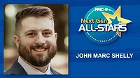 John Marc Shelly headshot, name, Next Gen ALL-STARS badge on a blue scratch design background.