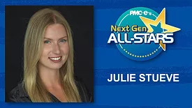 Julia Stueve headshot, name, Next Gen ALL-STARS badge on a blue scratch design background.
