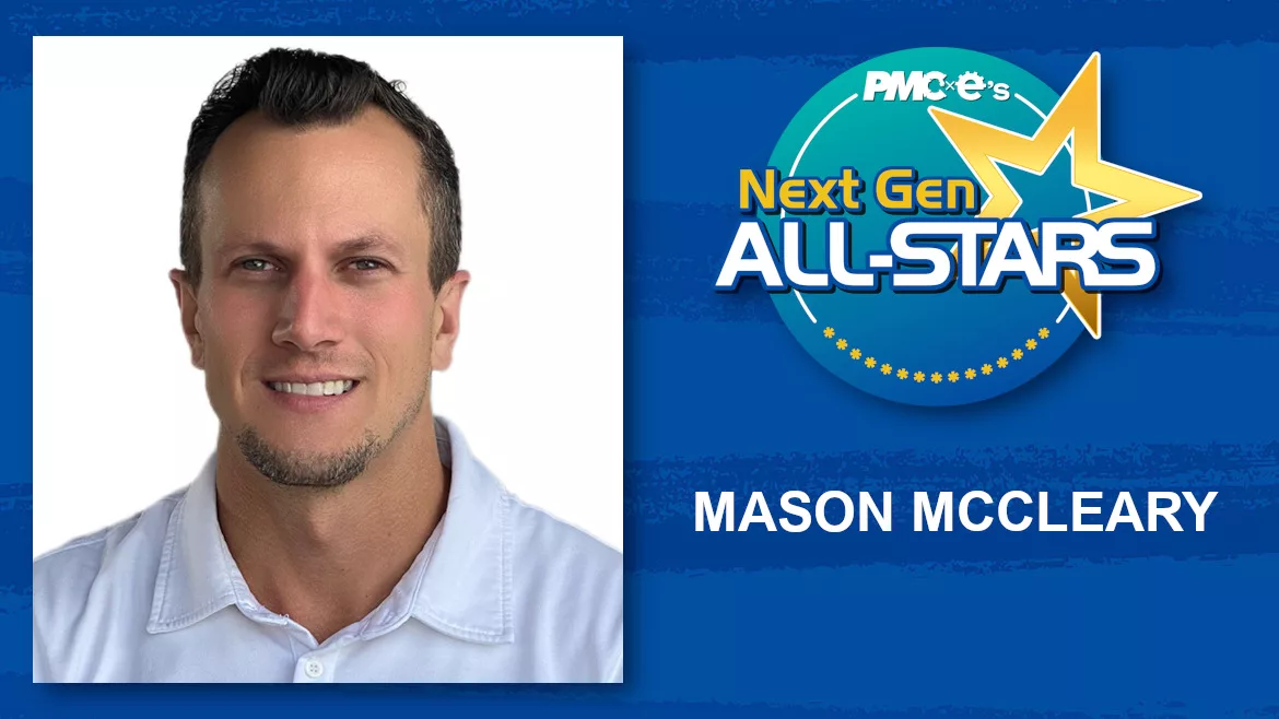 Mason McClearyn headshot, name, Next Gen ALL-STARS badge on a blue scratch design background.