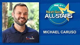 Headshot of Michael Caruso, name, badge of 2025 Next Gen ALL-STARSZane Elliot headshot, name, 2025 NextGen ALL-STAR badge on blue scratch background.