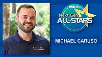 Headshot of Michael Caruso, name, badge of 2025 Next Gen ALL-STARSZane Elliot headshot, name, 2025 NextGen ALL-STAR badge on blue scratch background.