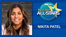 Nikita Patel headshot, name, Next Gen ALL-STARS badge on a blue scratch design background.