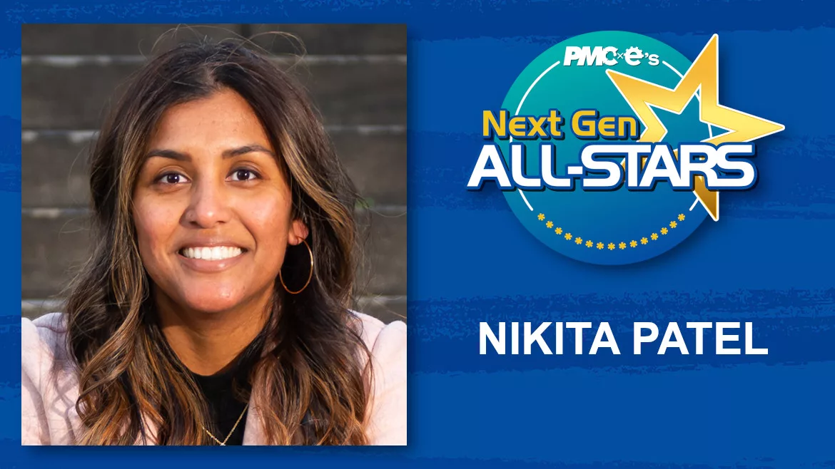 Nikita Patel headshot, name, Next Gen ALL-STARS badge on a blue scratch design background.