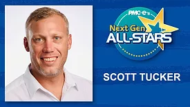 Scott Tucker headshot, name, Next Gen ALL-STARS badge on a blue scratch design background.