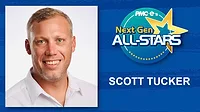 2025 Next Gen All-Star: Scott Tucker Scott Tucker headshot, name, Next Gen ALL-STARS badge on a blue scratch design background.