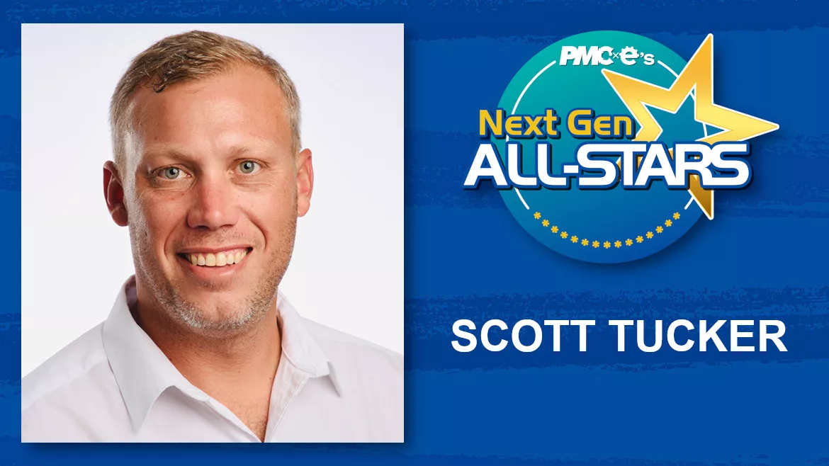 Scott Tucker headshot, name, Next Gen ALL-STARS badge on a blue scratch design background.