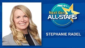 Stephanie Radel headshot, name, Next Gen ALL-STARS badge on a blue scratch design background.
