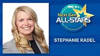 Stephanie Radel headshot, name, Next Gen ALL-STARS badge on a blue scratch design background.