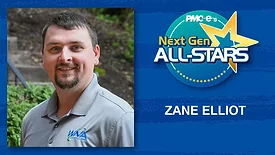 Zane Elliot headshot, name, 2025 NextGen ALL-STAR badge on blue scratch background.