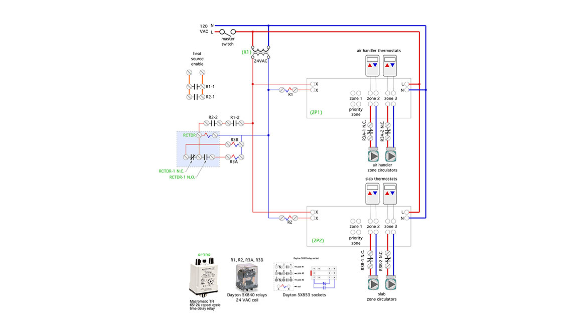 Figure 3 shows how this RCTDR, along with some other 24 VAC 3PDT relays can be applied in a system such as shown in figure 1.