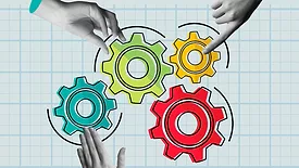 Group of hands working together on gear mechanism in retro collage 90s style vector illustration.