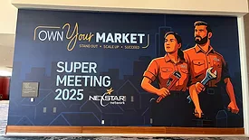 Super Meeting 2025 poster. 'Own Your Market' with illustrated man and woman in plumbing uniform, each holding a wrench.