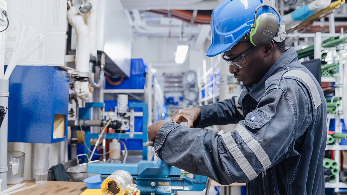  Amogo Tendeng, a volunteer plumber aboard the Global Mercy. © 2025 Mercy Ships