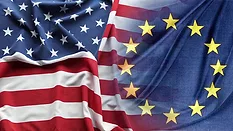 USA and EEC flags USA (left) and EEC (right) flags fading to the center.